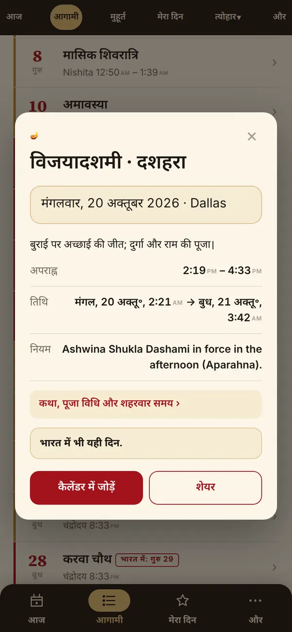 त्योहार का विवरण, कैलेंडर और शेयर